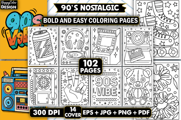 90s Nostalgic Bold Easy Coloring Book: Retro Relaxation